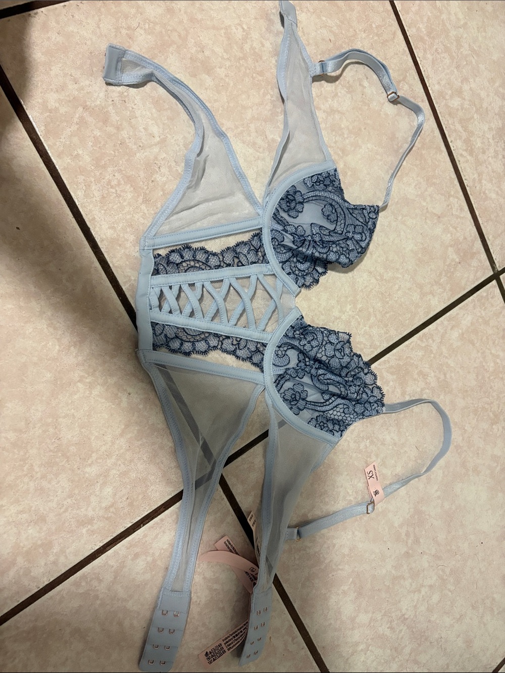 Victoria's Secret Light Blue Lace & Mesh Bodysuit